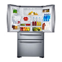 Samsung 680L French Door Fridge SRF680CDLS, Top open, full of food items, and bottles