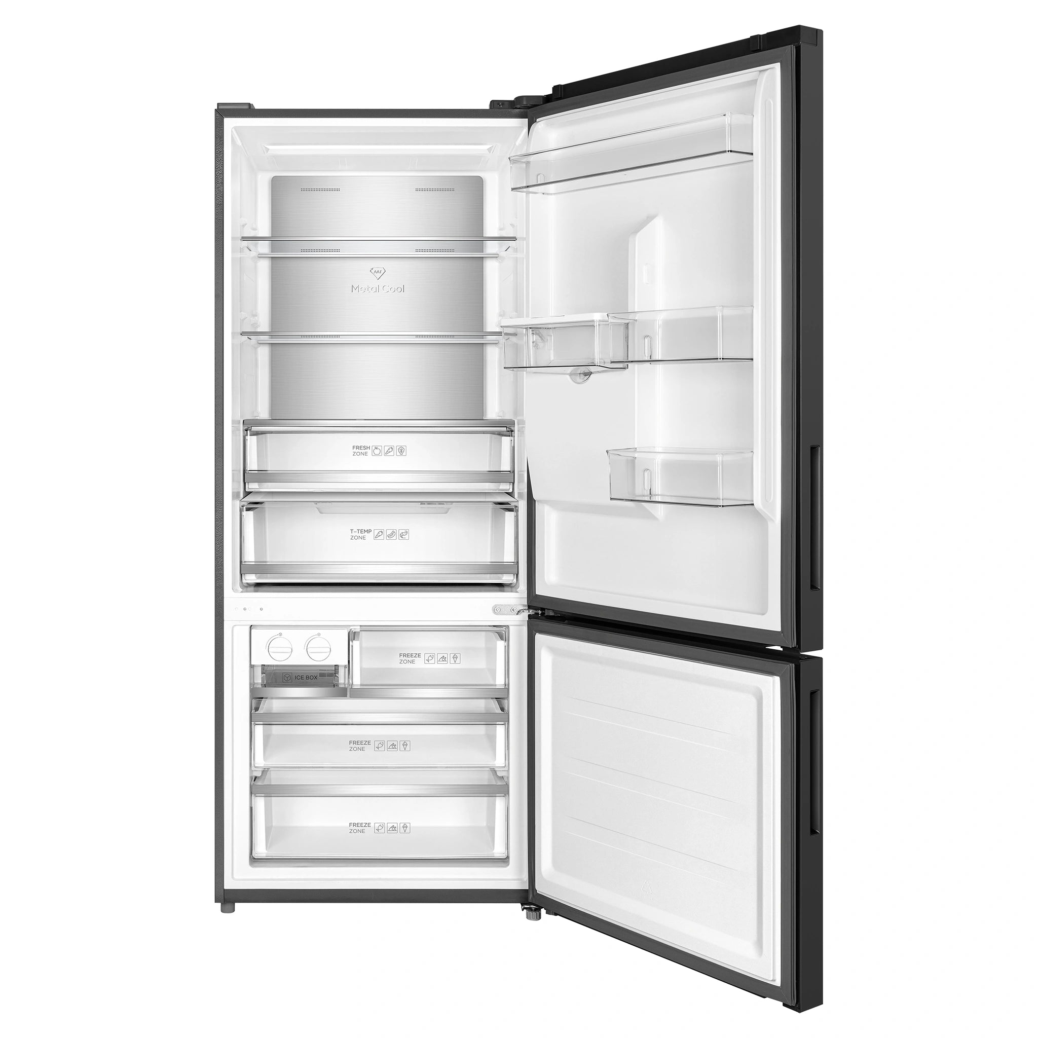 TCL 412L Bottom Mount Fridge C440BFB, Front View With Door Open