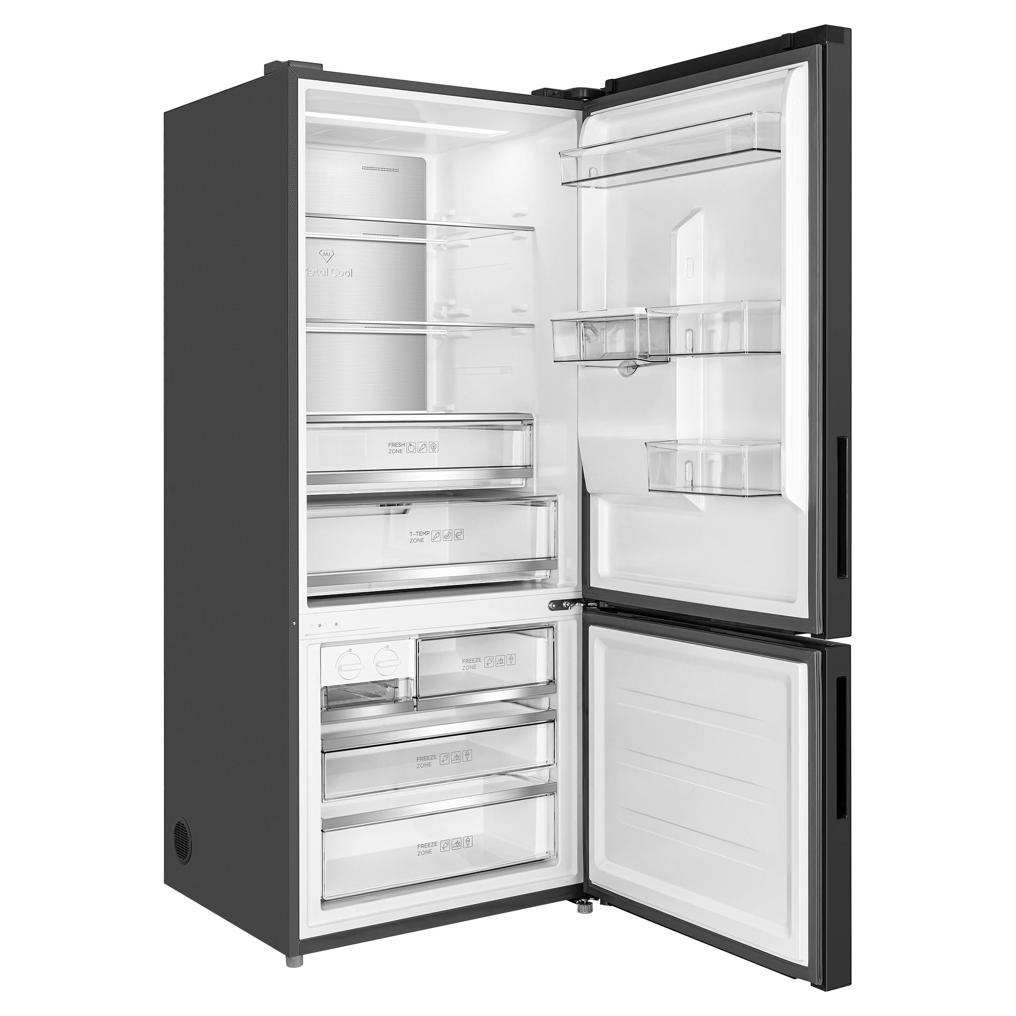 TCL 412L Bottom Mount Fridge C440BFB, Left Side View With Door Open