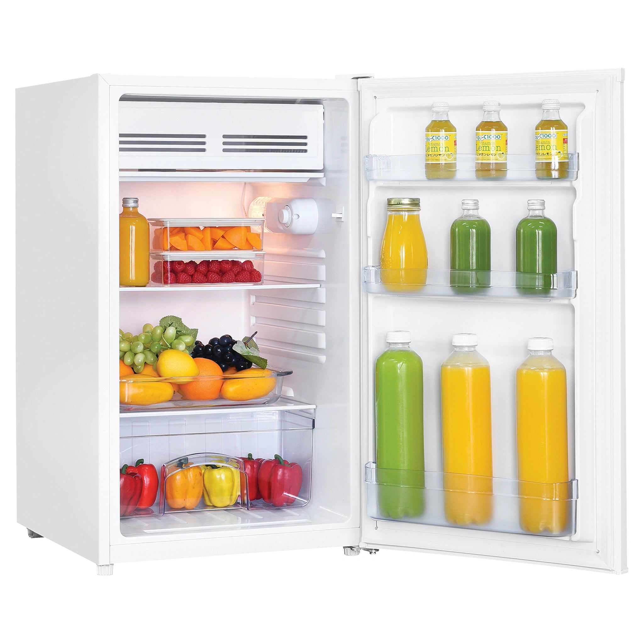  TCL 121L White Reversible-Door Bar Fridge F122SDW, Left Side View with Door Open Storages
