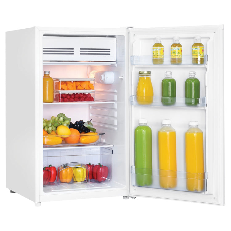  TCL 121L White Reversible-Door Bar Fridge F122SDW, Left Side View with Door Open Storages