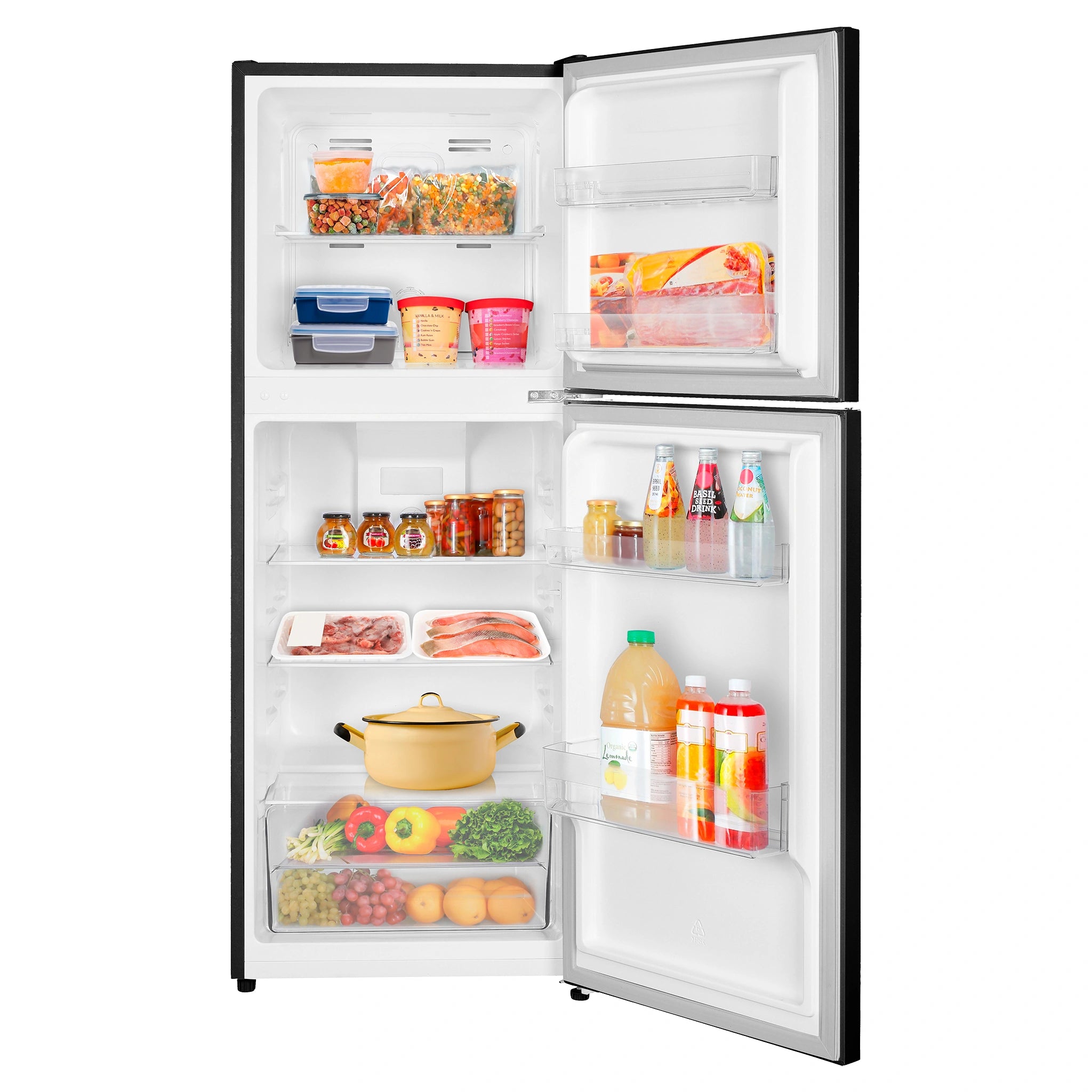 TCL 197L Top Mount Fridge P220TMB, Front View With Door Open Storages