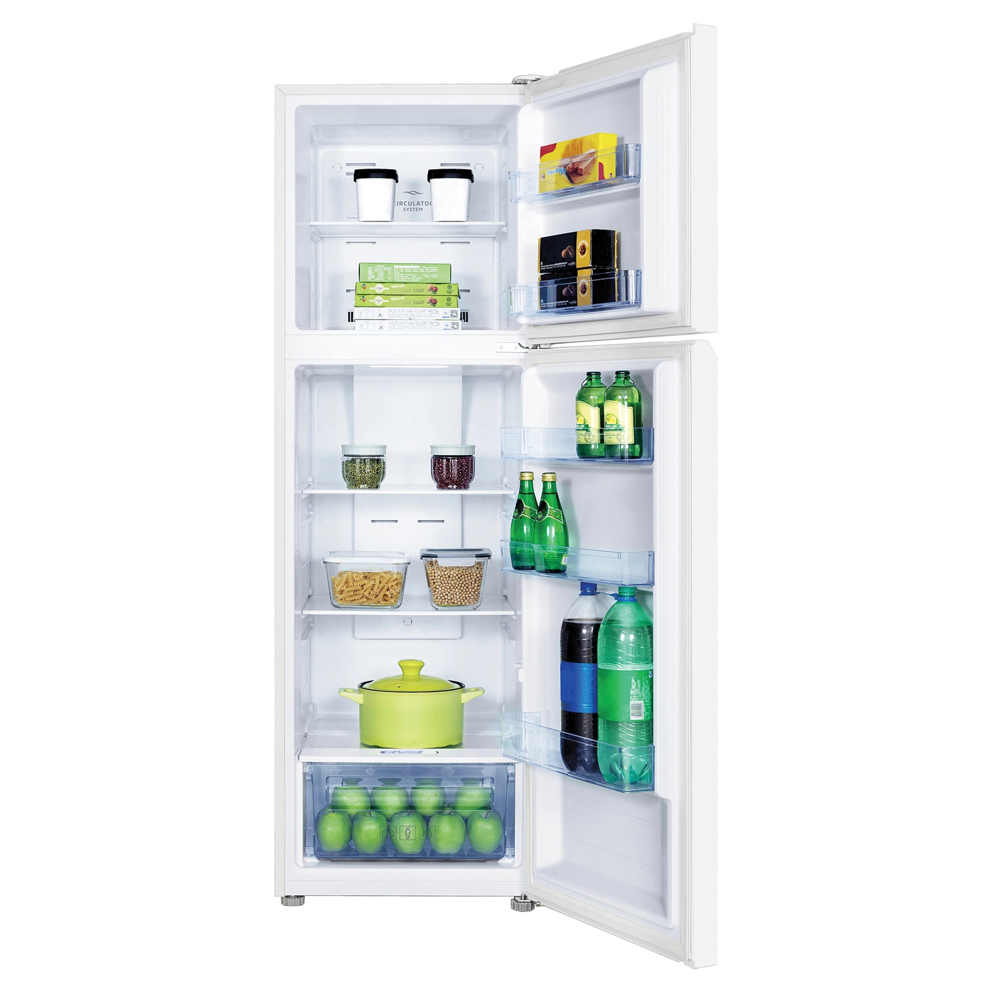 TCL 249L Top Mount Fridge White P272TMW, Front View With Door Open Storages