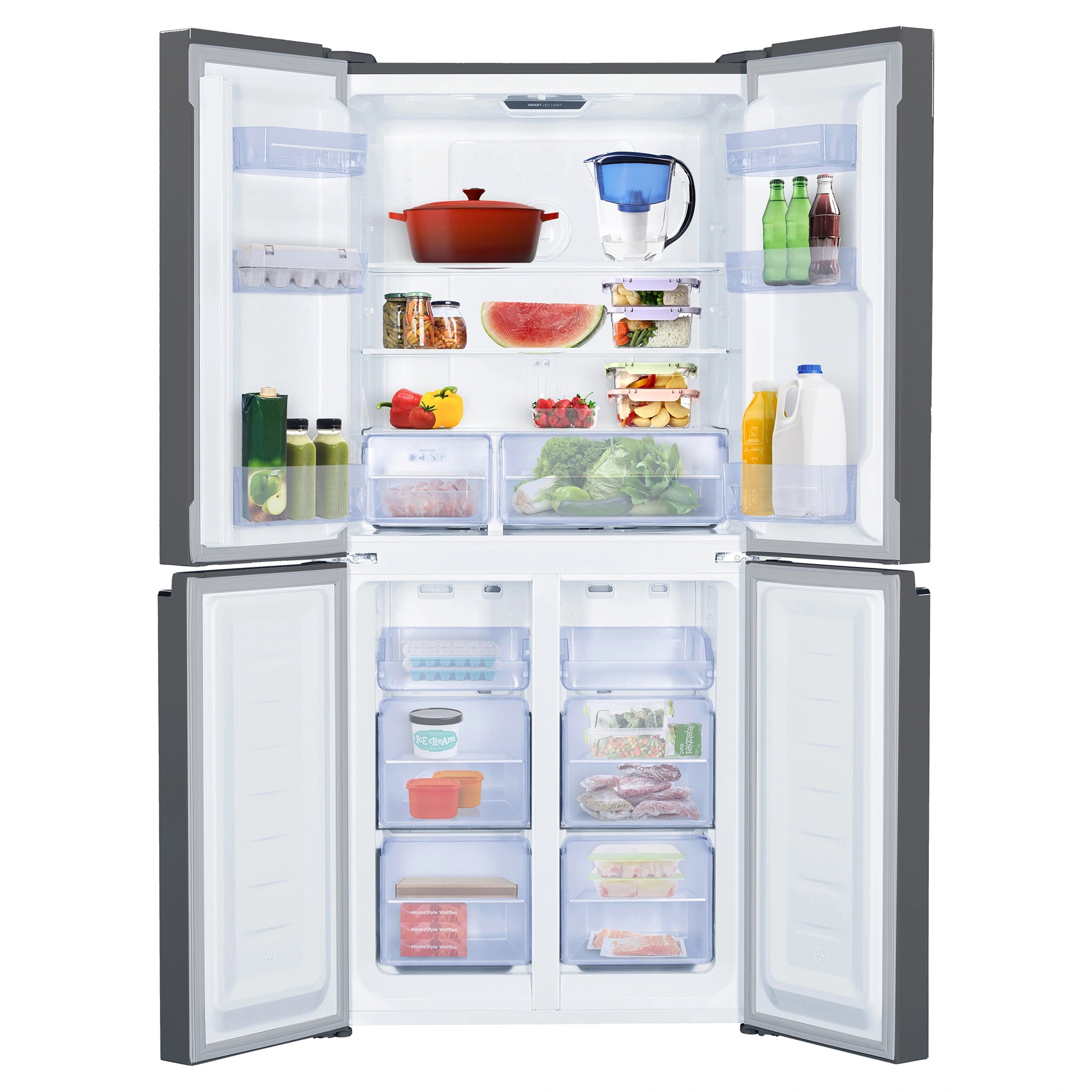 TCL 421L French Door Fridge P421CDN, Front View With Double Door Open View With Storages