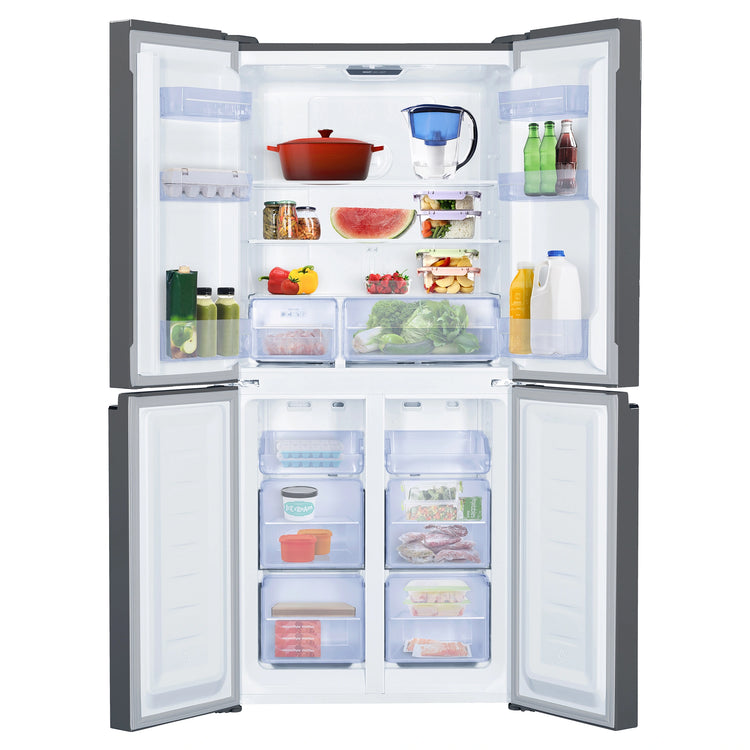 TCL 421L French Door Fridge P421CDN, Front View With Double Door Open View With Storages