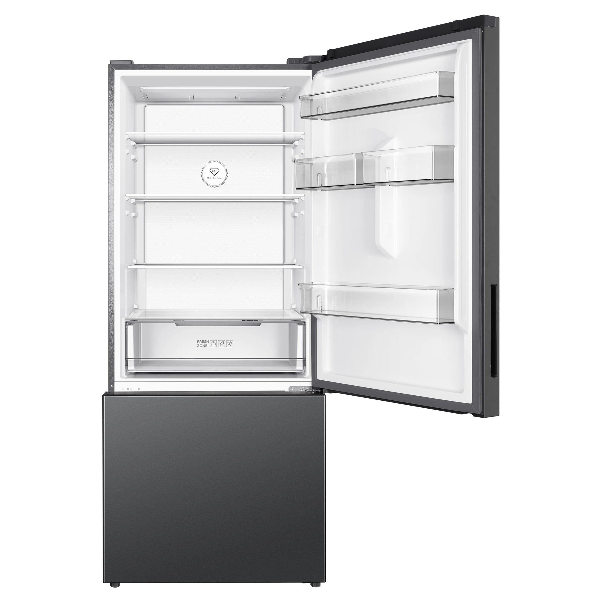 TCL 416L Bottom Mount Fridge P445BFG, Front View With Top Door Open