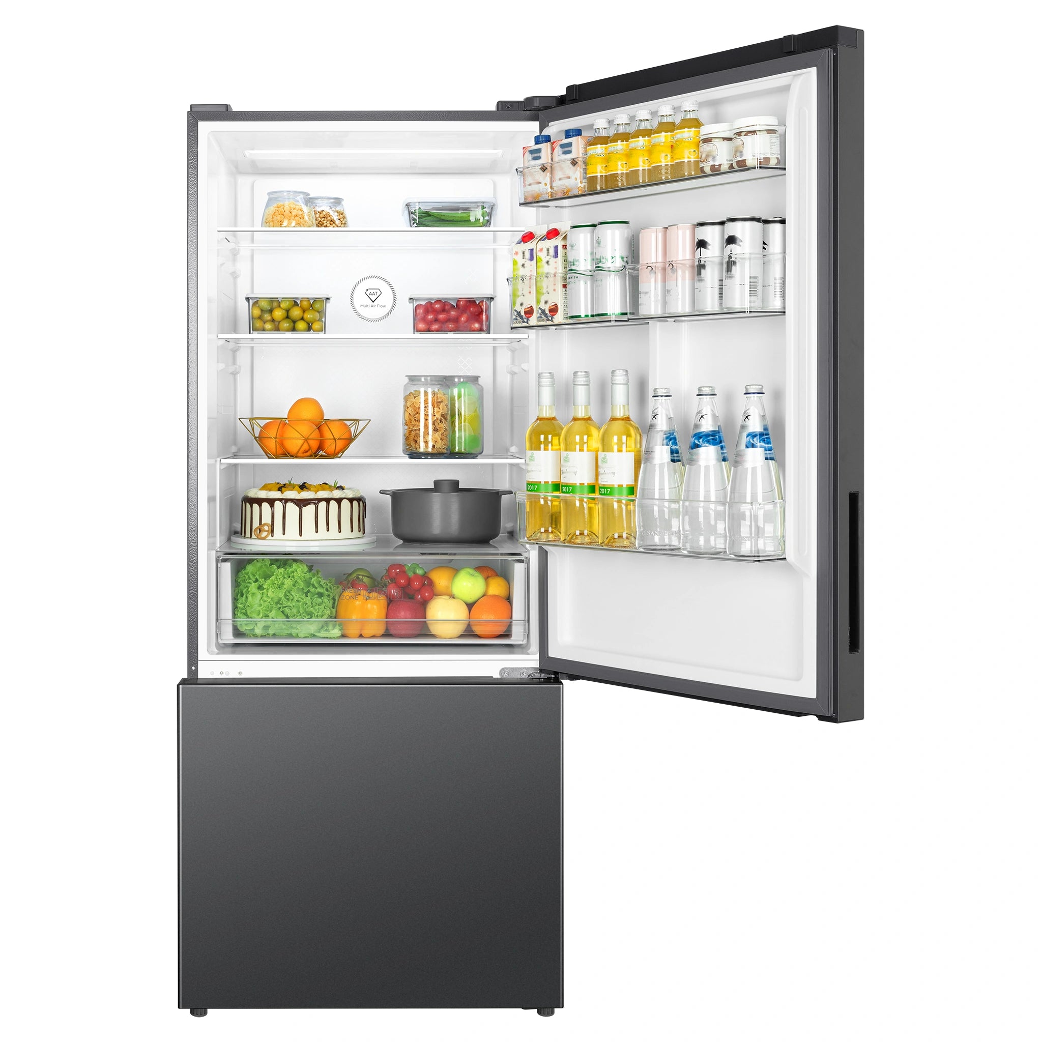 TCL 416L Bottom Mount Fridge P445BFG, Front View With Top Door Open Storages