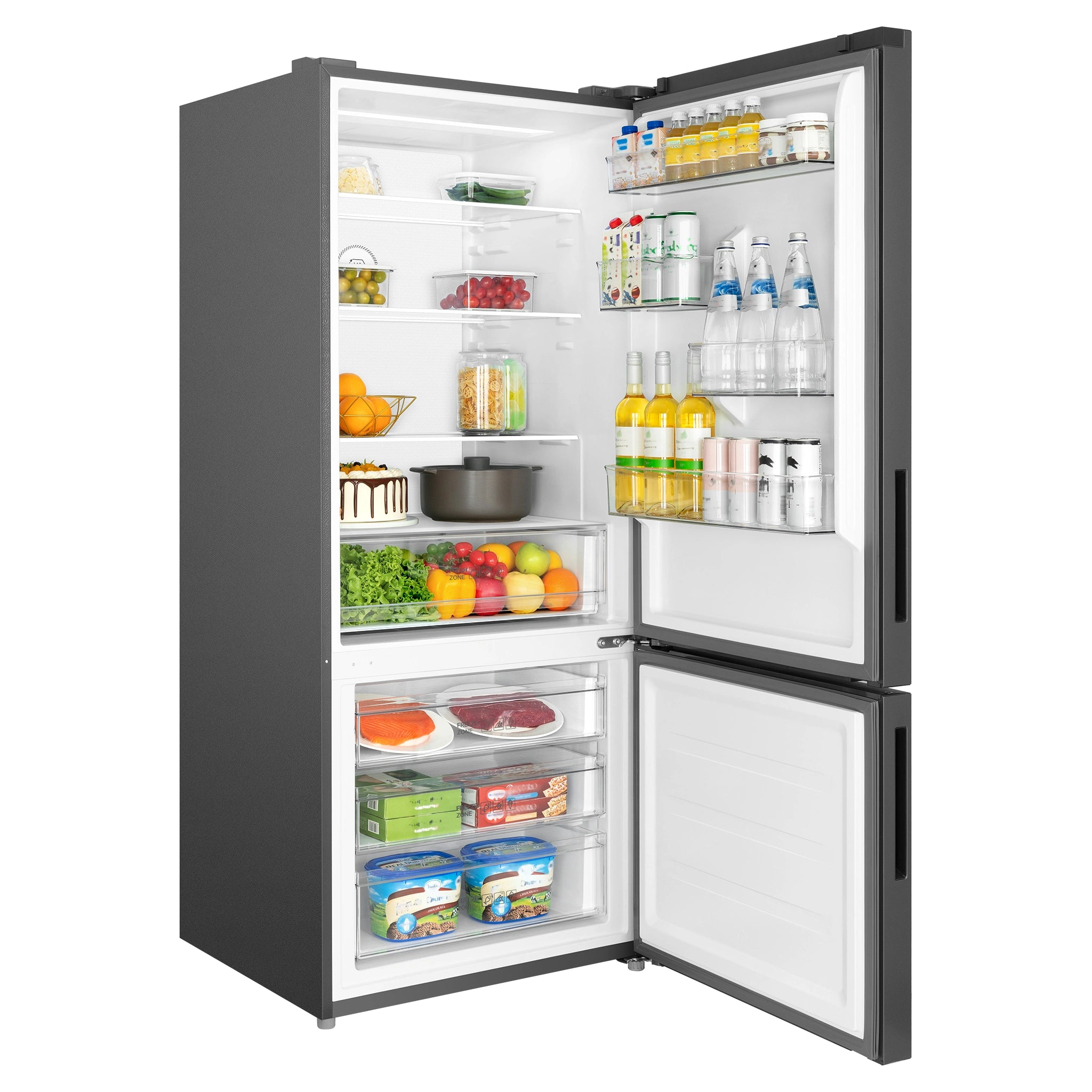 TCL 416L Bottom Mount Fridge P445BFG, Left Side View With Door Open Storages