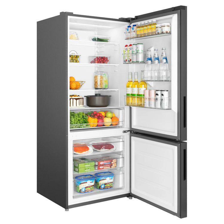 TCL 416L Bottom Mount Fridge P445BFG, Left Side View With Door Open Storages
