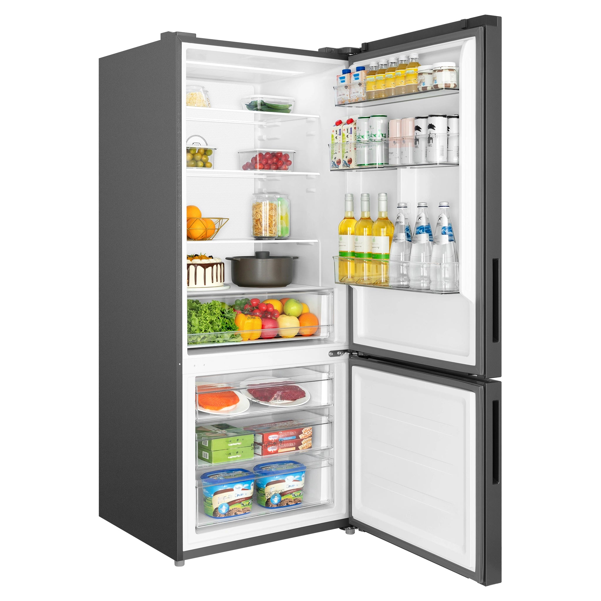 TCL 416L Bottom Mount Fridge P445BFG, Left Side View With Door Open Storages 2