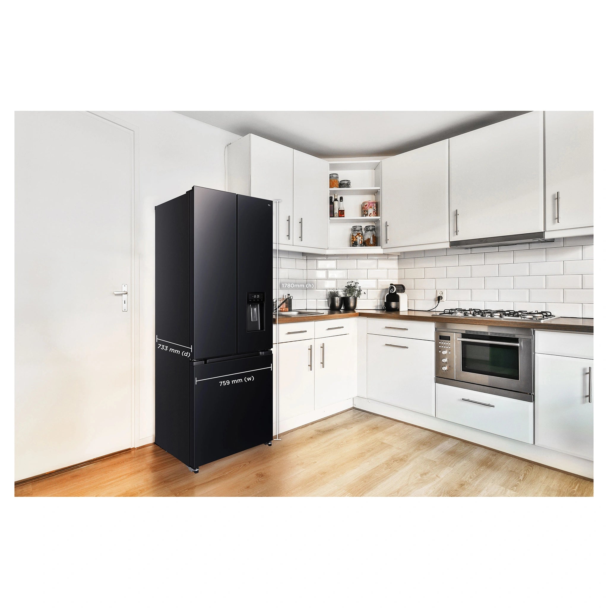 TCL 496L Black French Door Fridge TRF495FHB, Dimensions View