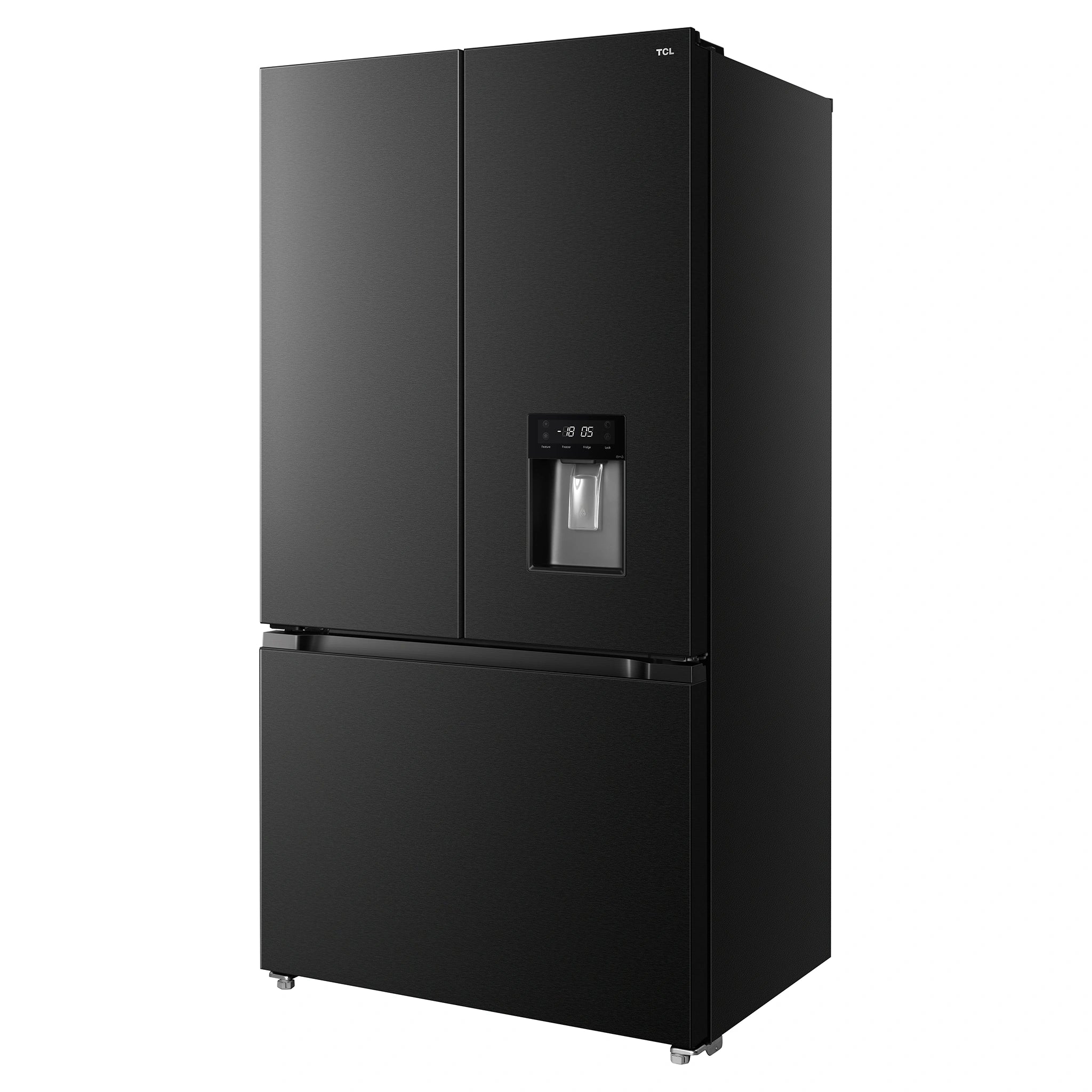 TCL 575L Matte Black French Door Fridge TRF576FHB, Left Angled View