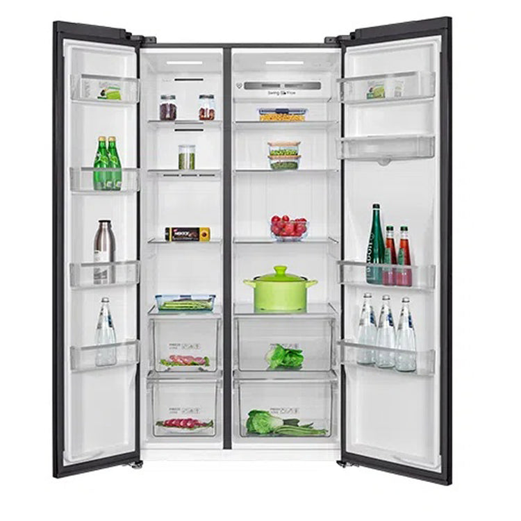 TCL 631L Grey Side by Side Fridge TRF630SHG, Front Door Open View Storages
