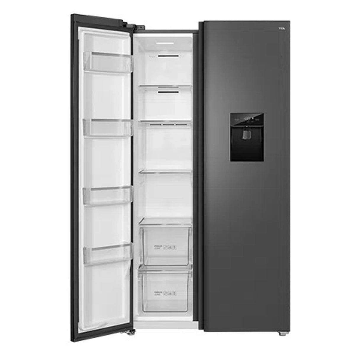 TCL 631L Grey Side by Side Fridge TRF630SHG, Left Side Door Open View