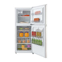 Teco TFF210WNTCM 210L Top Mount Fridge White, Front view with open doors, full of food items, and bottles