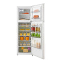 Teco TFF270WNTBM 270L Top Mount Fridge White, Front view with open doors, full of food items, and bottles