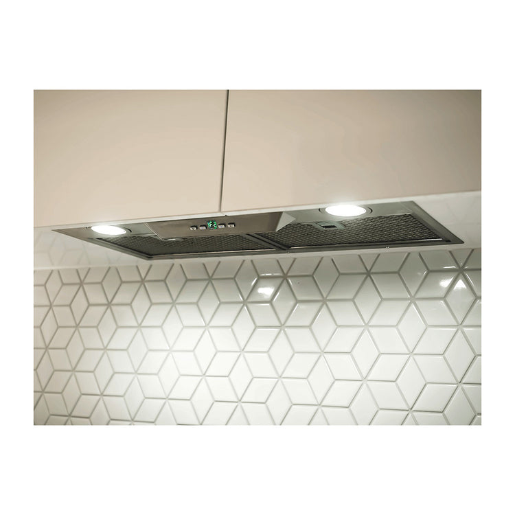 Schweigen UM11706-S1 60cm Silent Undermount Rangehood, Bottom left view in a kitchen cabinet