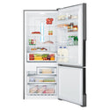 Westinghouse 453L Bottom Mount Fridge Dark Stainless WBE4500BBR, Front view with door open filled with groceries and bottles