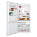 Westinghouse 453L Bottom Mount Fridge Stainless WBE4500SBL, Front view with open doors, full of food items, and bottles