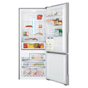 Westinghouse 425L Bottom Mount Fridge Stainless WBE4500SCR, Front view with open doors, full of food items, and bottles