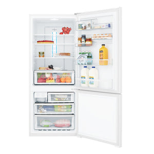 Westinghouse 453L Bottom Mount Fridge White WBE4500WAR, Front view with open doors, full of food items, and bottles