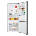 Westinghouse WBE4504BCR 425L Bottom Mount Fridge Dark Stainless Steel, Front view with door open filled with groceries, food and drinks