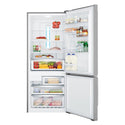 Westinghouse 453L Bottom Mount Fridge Stainless WBE4504SBR, Front view with open doors, full of food items, and bottles