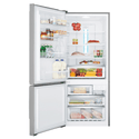 Westinghouse WBE4504SCL 425L Bottom Mount Fridge Stainless Steel, Front view with door open filled with groceries, food and drinks 