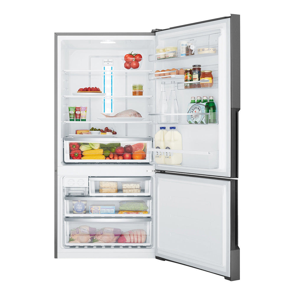 Westinghouse 528L Bottom Mount Fridge Dark Stainless WBE5300BBR, Front view with open doors, full of food items, and bottles