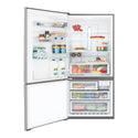 Westinghouse 528L Bottom Mount Fridge Stainless WBE5300SAL, Front view with open doors, full of food items, and bottles