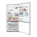 Westinghouse 528L Bottom Mount Fridge Stainless WBE5300SAR, Front view with open doors, full of food items, and bottles