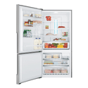 Westinghouse WBE5300SBL 528L Bottom Mount Fridge Stainless, Front view with open doors, full of food items, and bottles