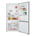 Westinghouse 528L Bottom Mount Fridge Stainless WBE5300SBR, Front view with open doors, full of food items, and bottles