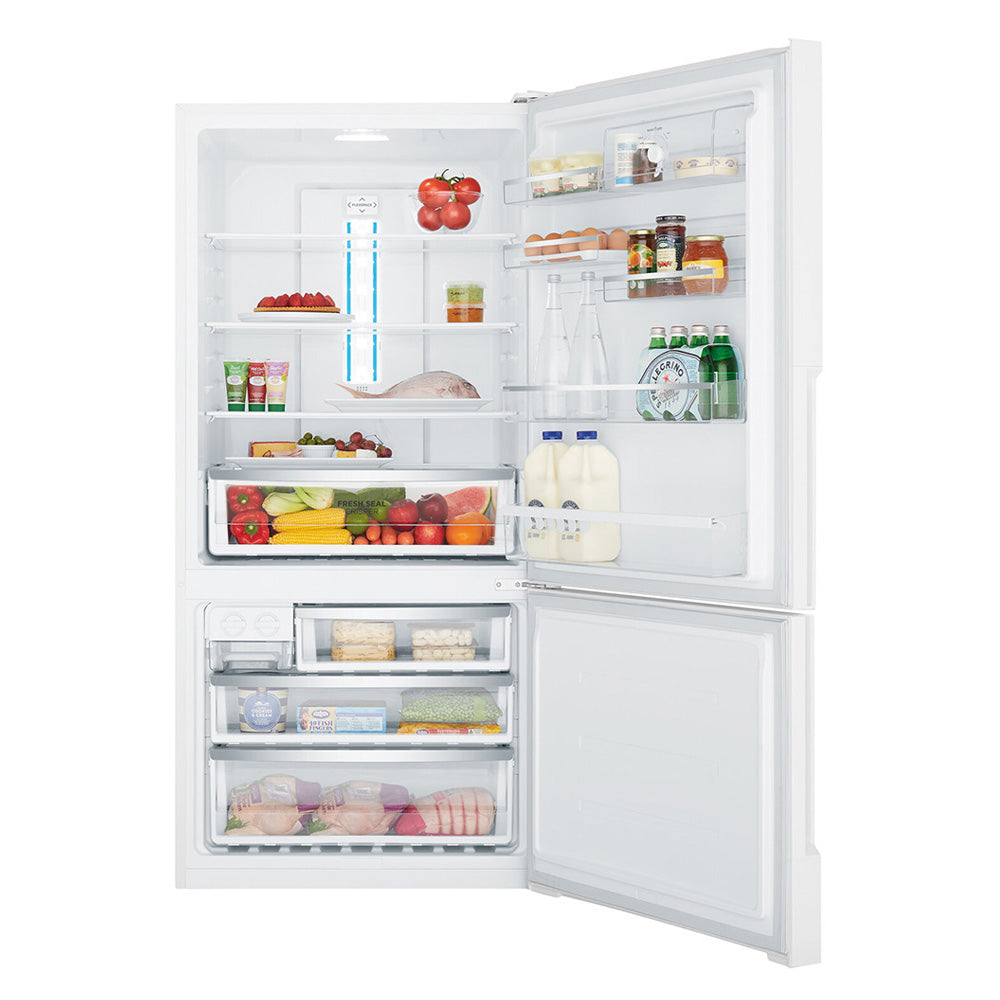Westinghouse 496L Bottom Mount Frost Free Left Hinge Fridge WBE5300WC-L, Front view with door open filled with groceries and drinks