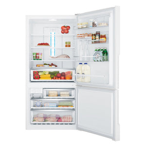 Westinghouse 496L Bottom Mount Frost Free Left Hinge Fridge WBE5300WC-L, Front view with door open filled with groceries and drinks