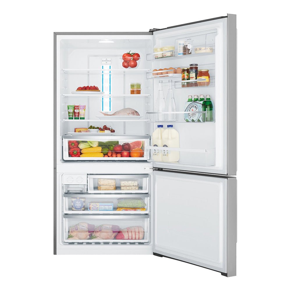 Westinghouse 528L Bottom Mount Fridge Stainless WBE5304SBR, Front view with open doors, full of food items, and bottles