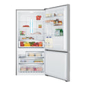 Westinghouse 528L Bottom Mount Fridge Stainless WBE5304SBR, Front view with open doors, full of food items, and bottles