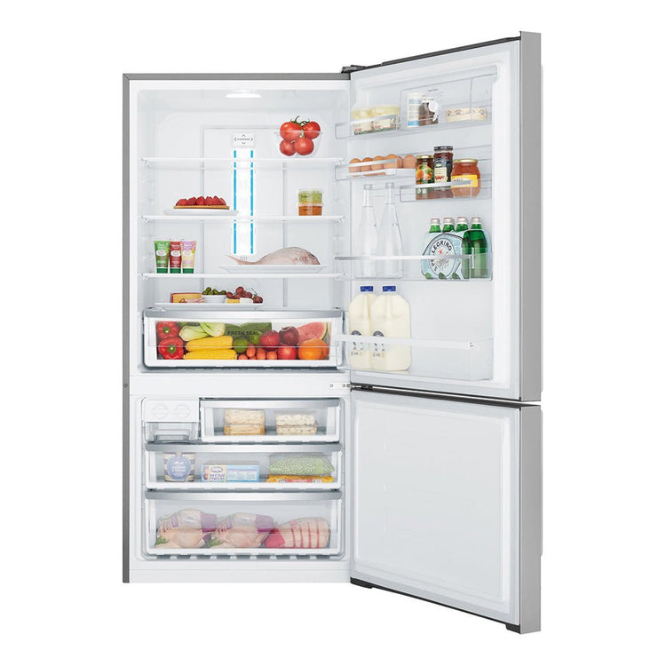 Westinghouse 528L Bottom Mount Fridge Stainless WBE5304SBR, Front view with open doors, full of food items, and bottles