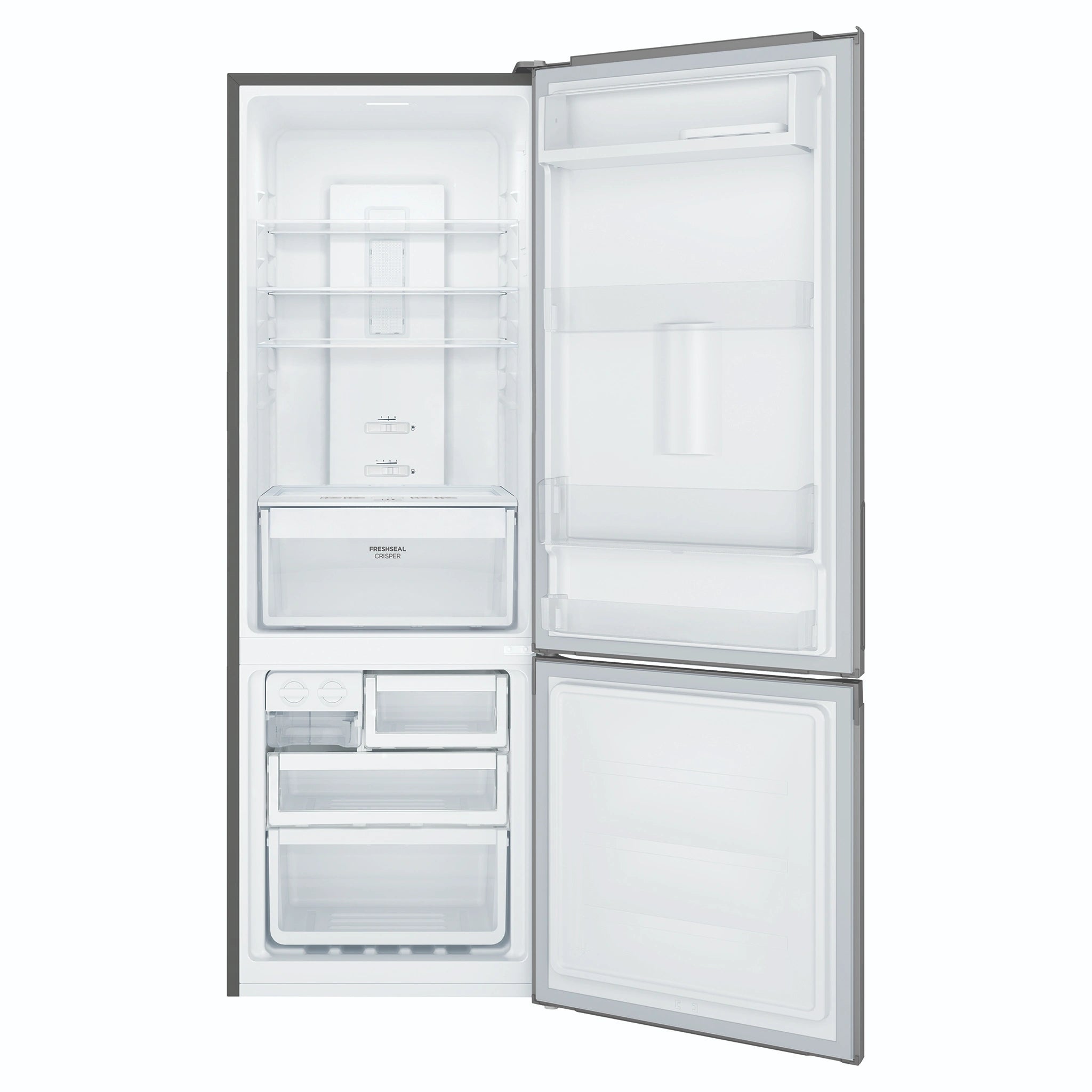 Westinghouse 335L Bottom Freezer Fridge - Arctic Steel WBB3400AKX, Front View With Door Open