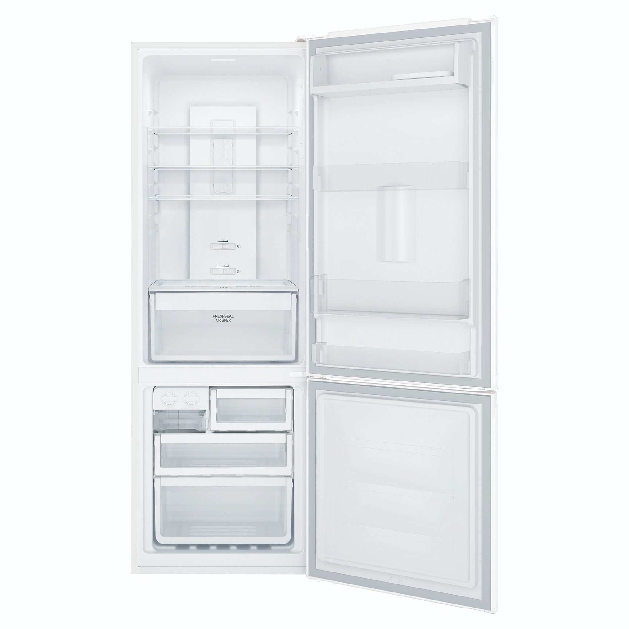 Westinghouse 335L Bottom Freezer Fridge - White WBB3400WKX, Front View With Door Open