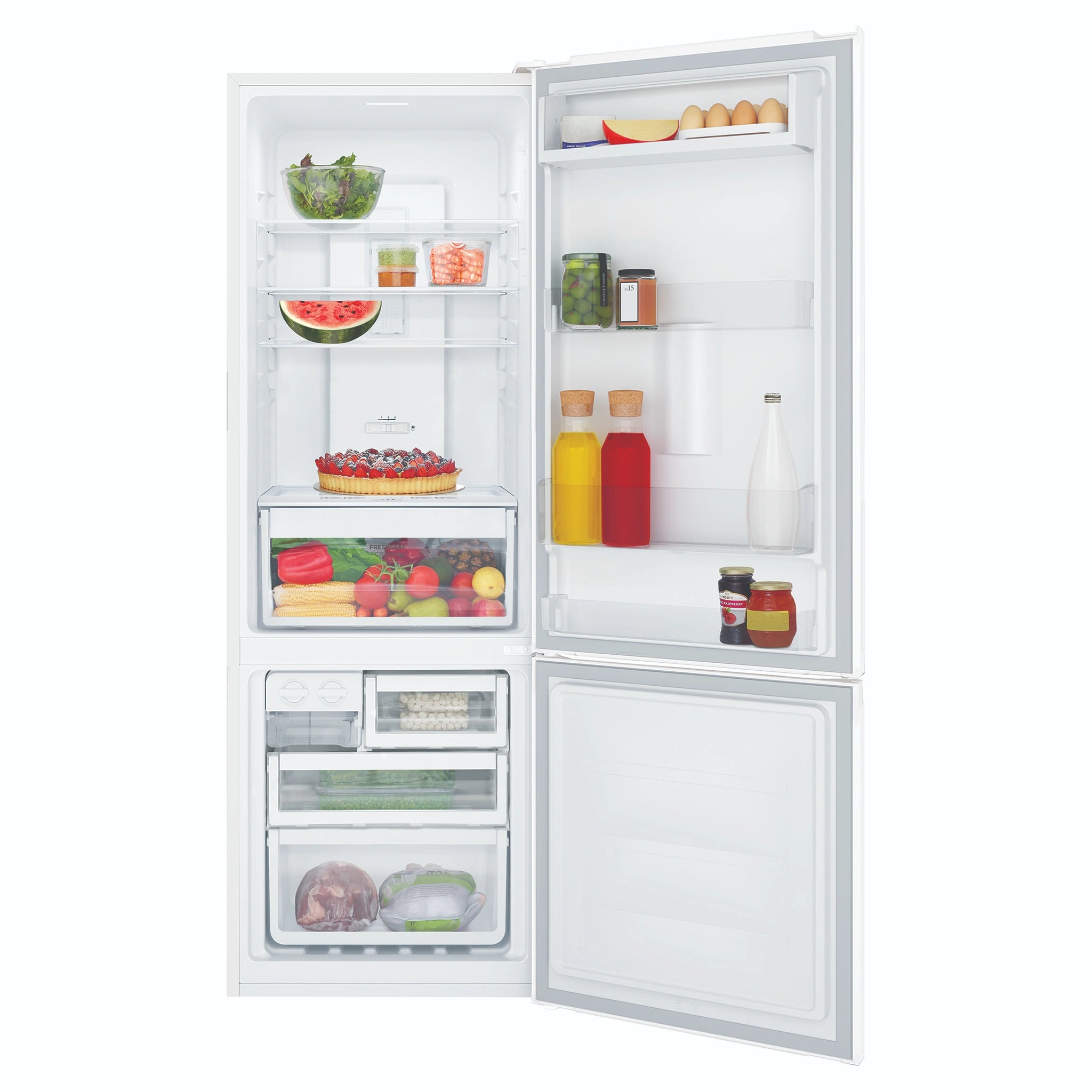 Westinghouse 335L Bottom Freezer Fridge - White WBB3400WKX, Front View With Door Open Storages