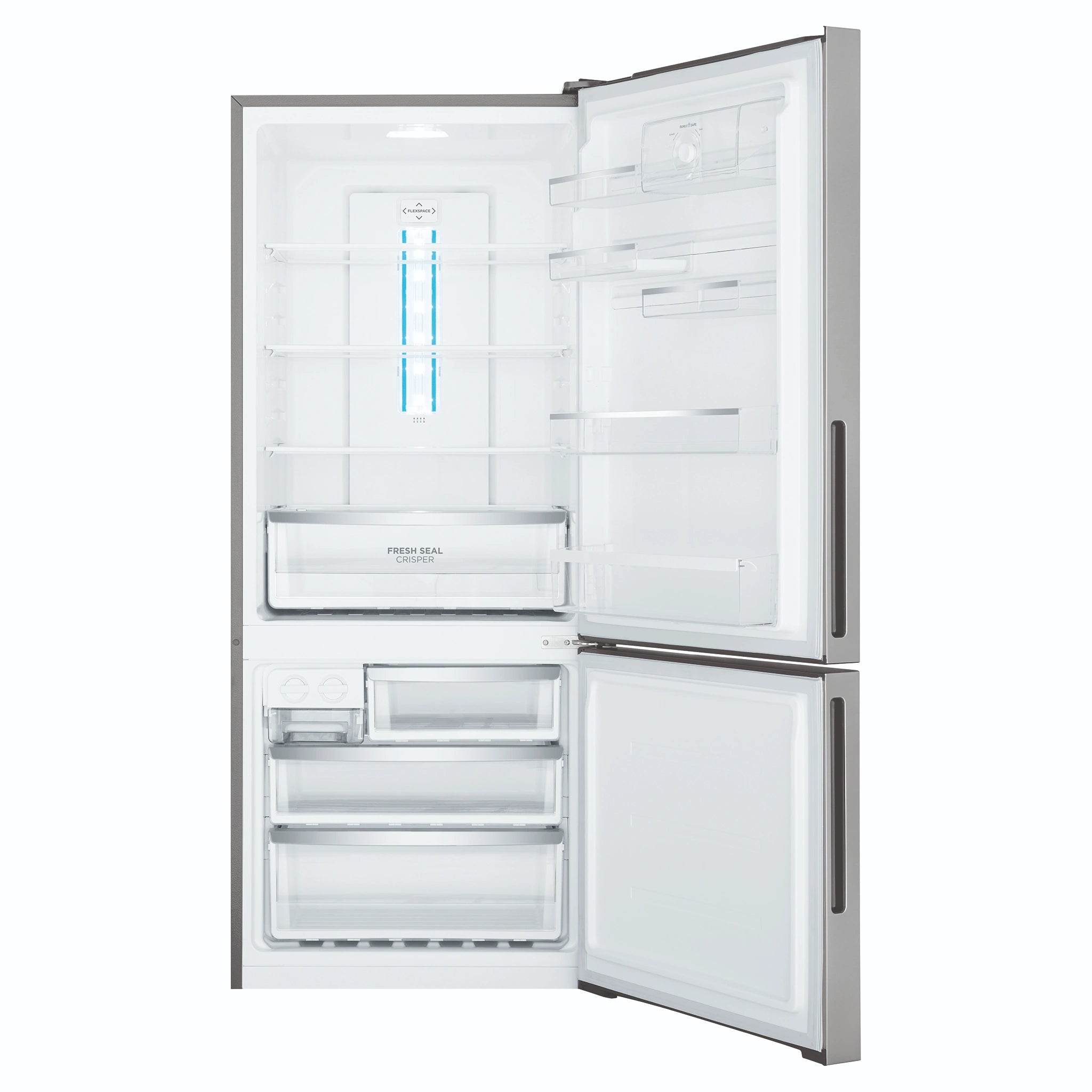 Westinghouse 425L Bottom Freezer Fridge - Silver WBE4302ACR, Front View With Door Open
