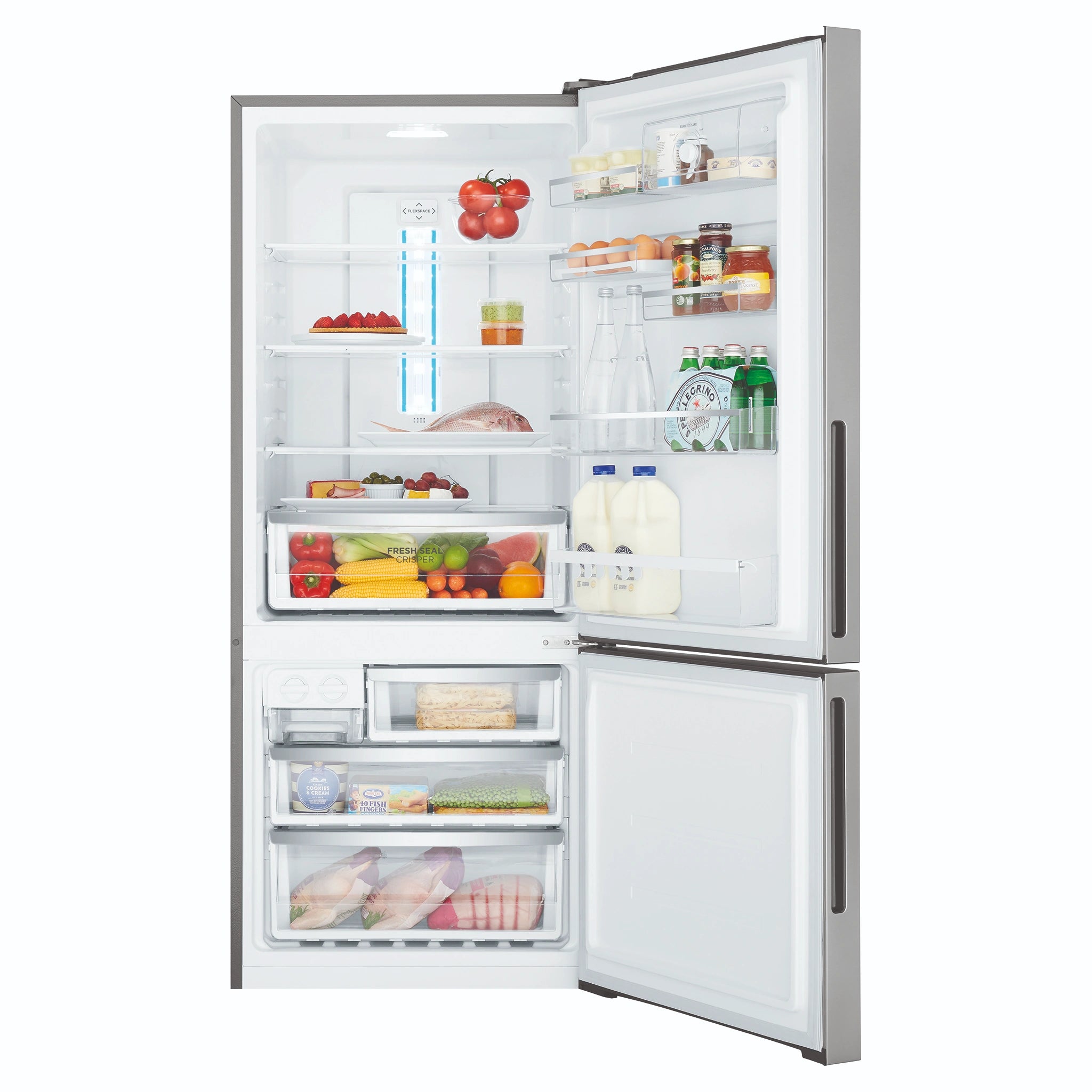 Westinghouse 425L Bottom Freezer Fridge - Silver WBE4302ACR, Front View With Door Open Storages