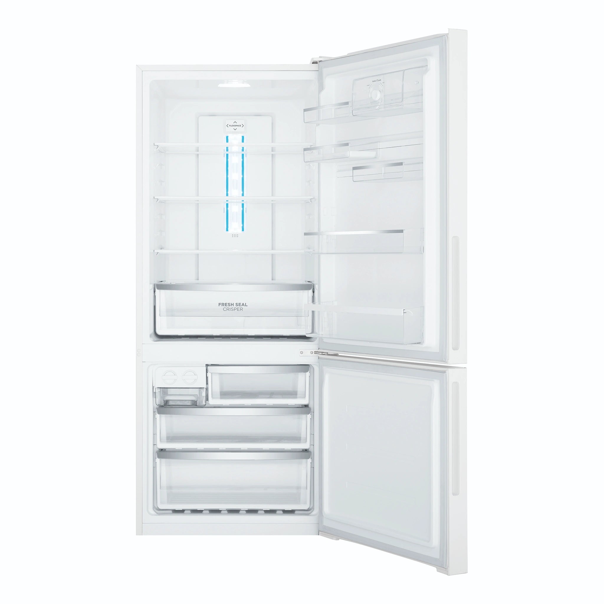 Westinghouse 425L Bottom Freezer Fridge - White WBE4302WCR, Front View With Door Open