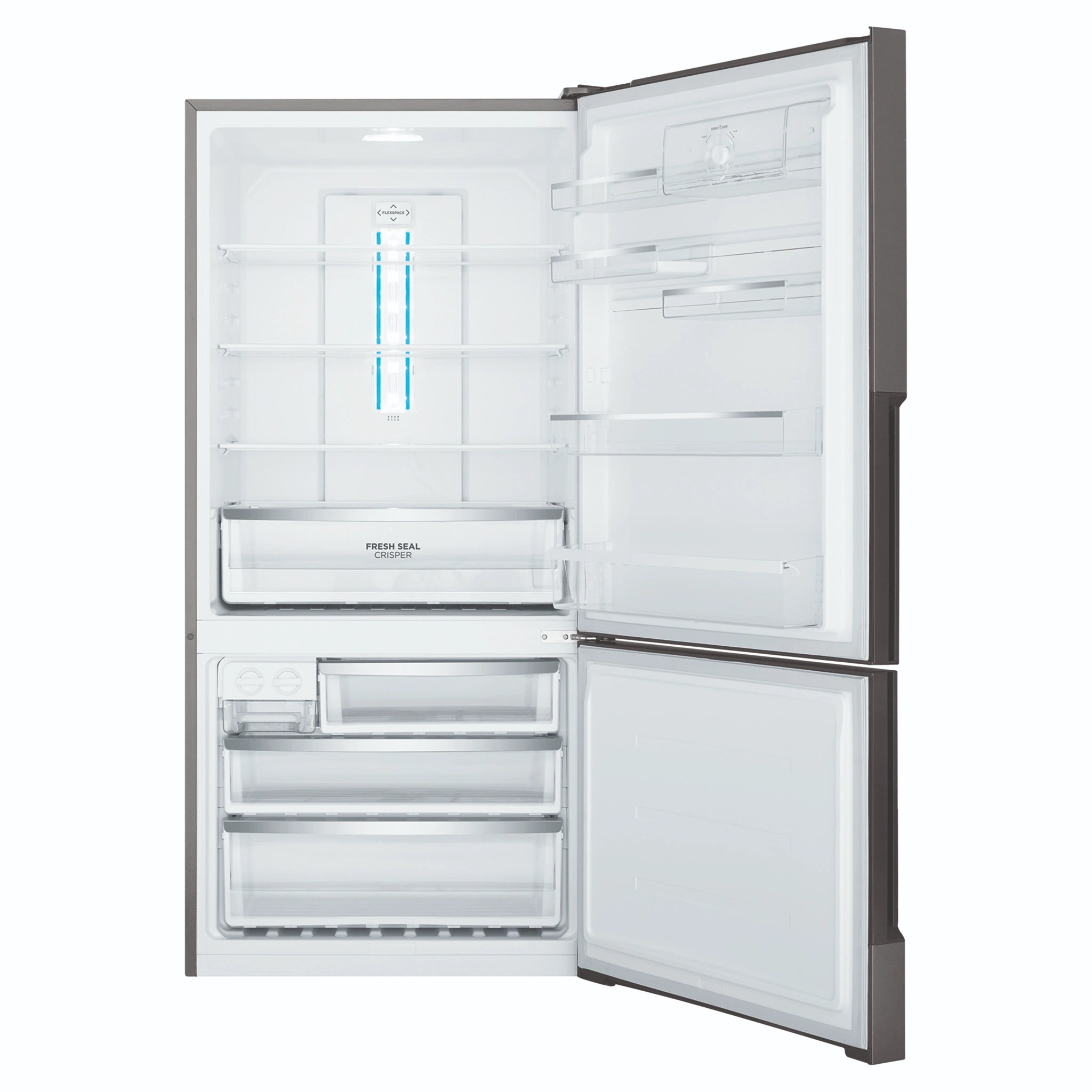 Westinghouse 496L Bottom Mount Frost Free Fridge WBE5300BCR, Front View With Door Open