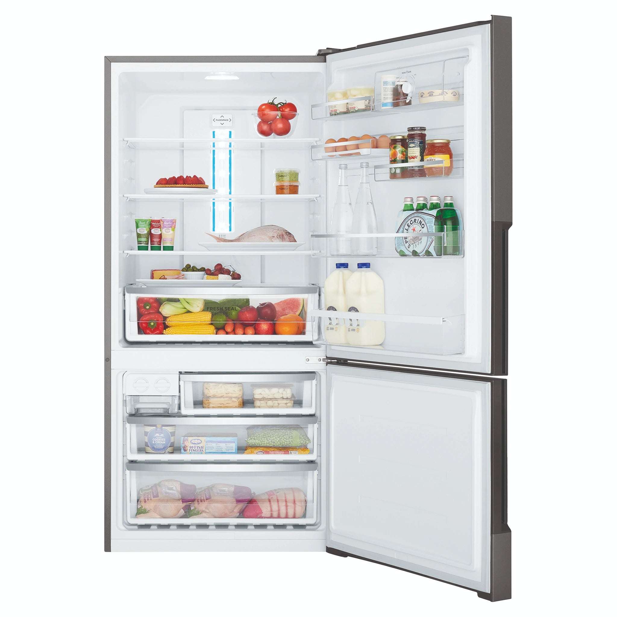 Westinghouse 496L Bottom Mount Frost Free Fridge WBE5300BCR, Front View With Door Open Storages