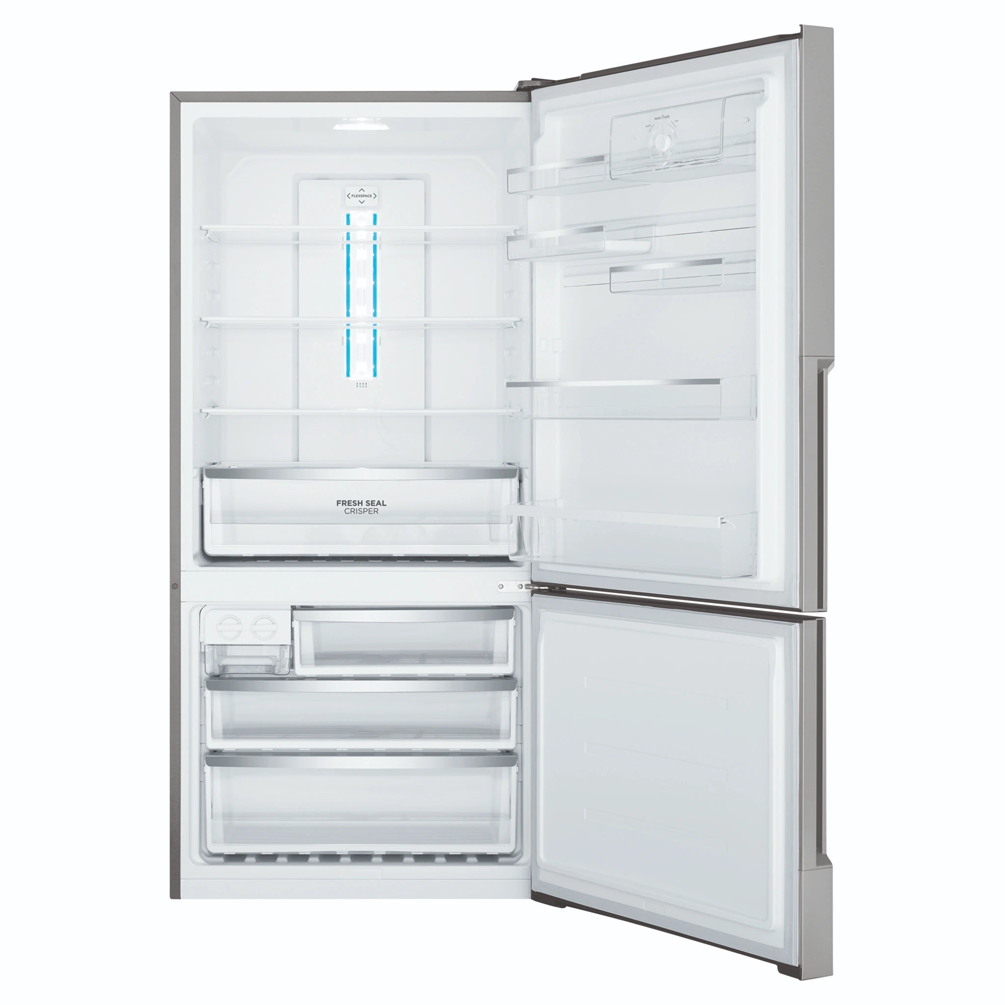 Westinghouse 496L Bottom Mount Frost Free Fridge WBE5300SCR, Front View With Door Open