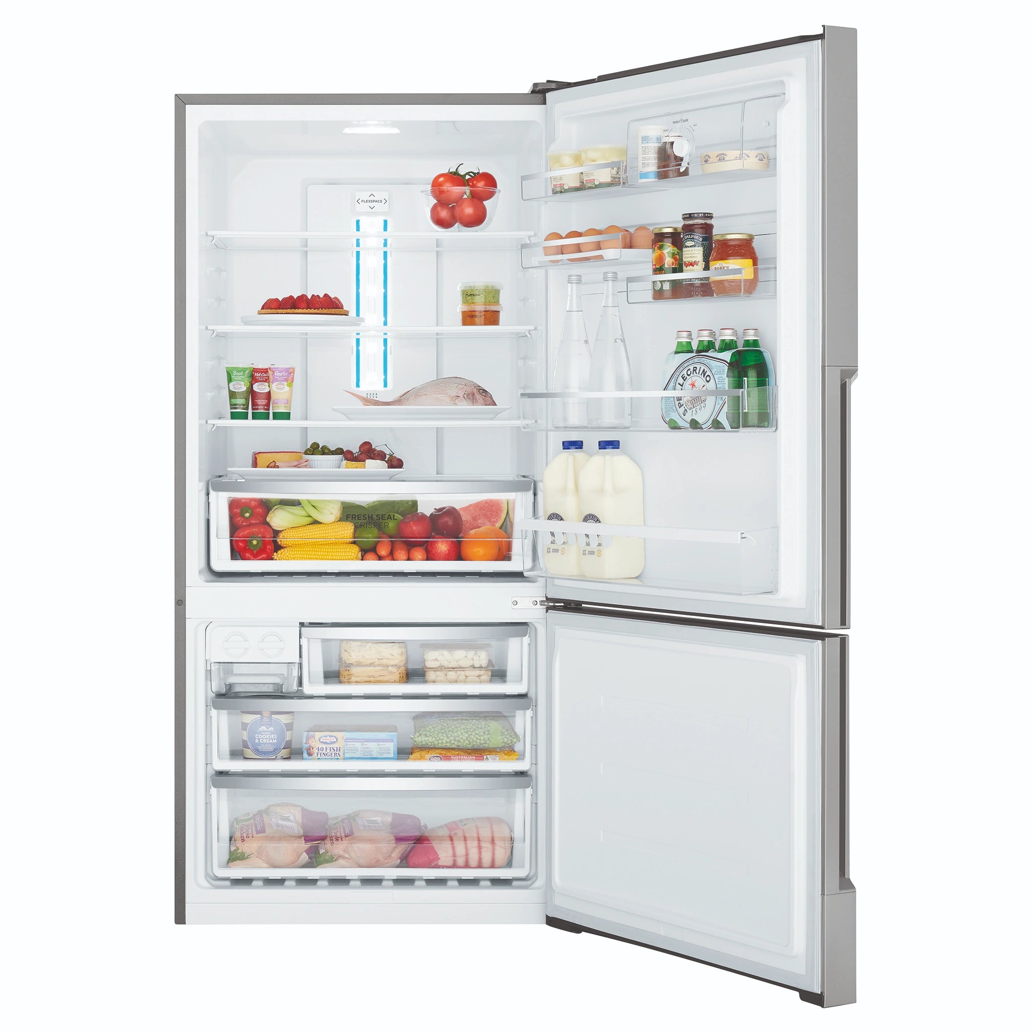 Westinghouse 496L Bottom Mount Frost Free Fridge WBE5300SCR, Front View With Door Open Storages