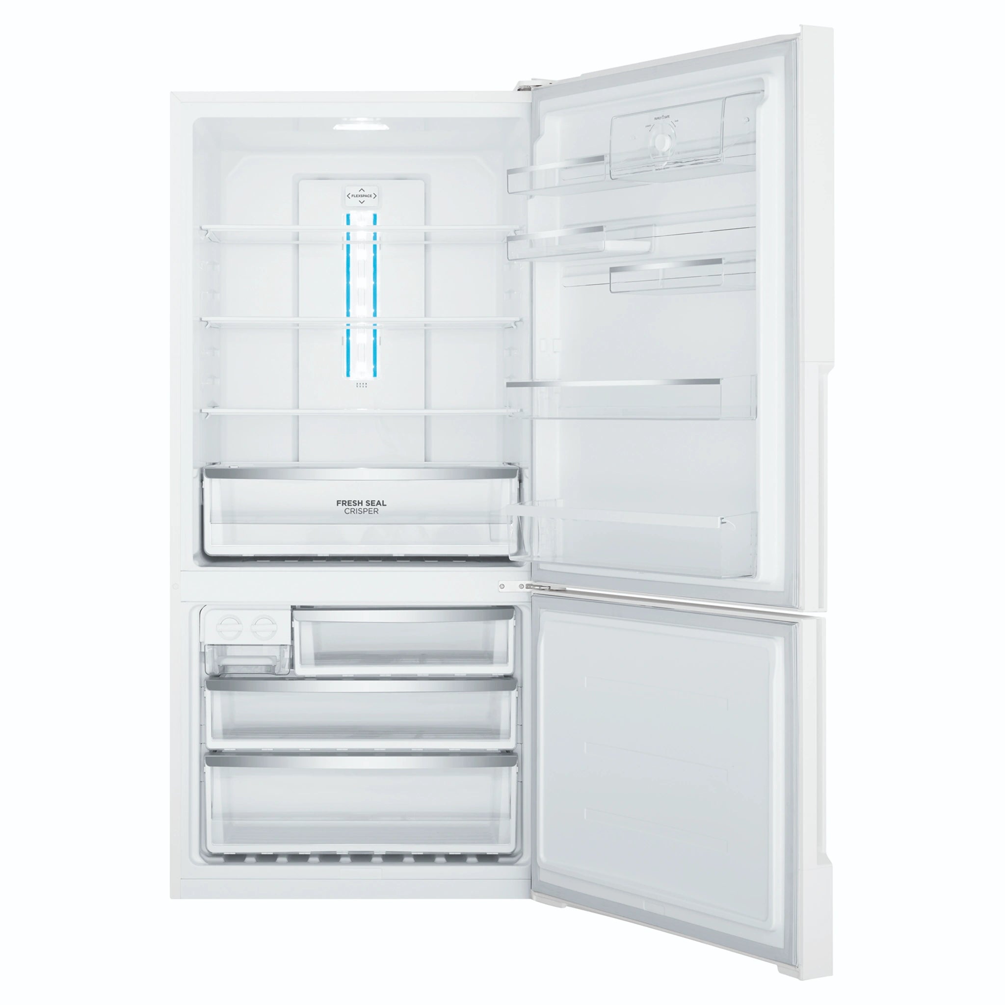 Westinghouse 496L Bottom Freezer Fridge - White WBE5300WCR, Front View With Door Open