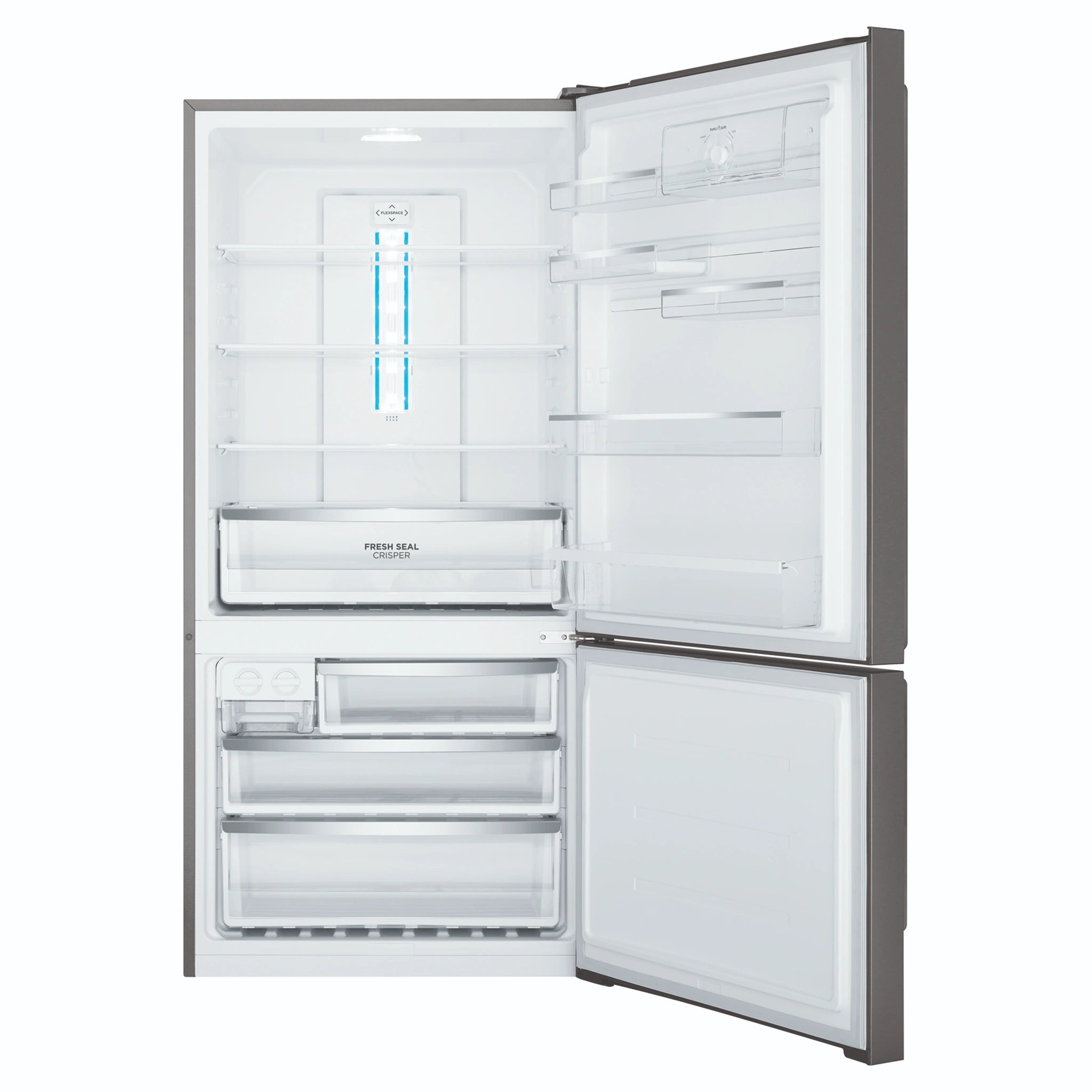 Westinghouse 496L Bottom Mount Frost Free Fridge - Dark Stainless Steel WBE5304BCR, Front View With Door Open